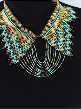 Host Pick Latin Handmade Turquoise, Gold Beaded Fringe Statement Necklace collar
